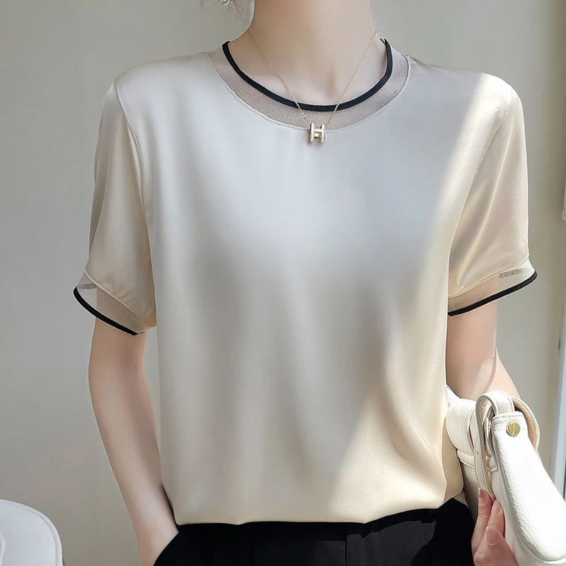 Summer New Ladies Silk Round Neck Gauze Short Sleeve T-shirt Fashion Color Matching Acetic Acid Loose Pullover