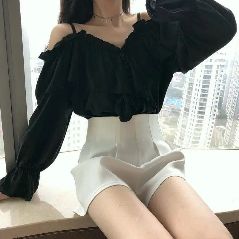 Ruffles Blouses Women Summer Loose Casual Tops Attractive Faddish Slash Neck Korean Style Temper Gentle Simple Personality New