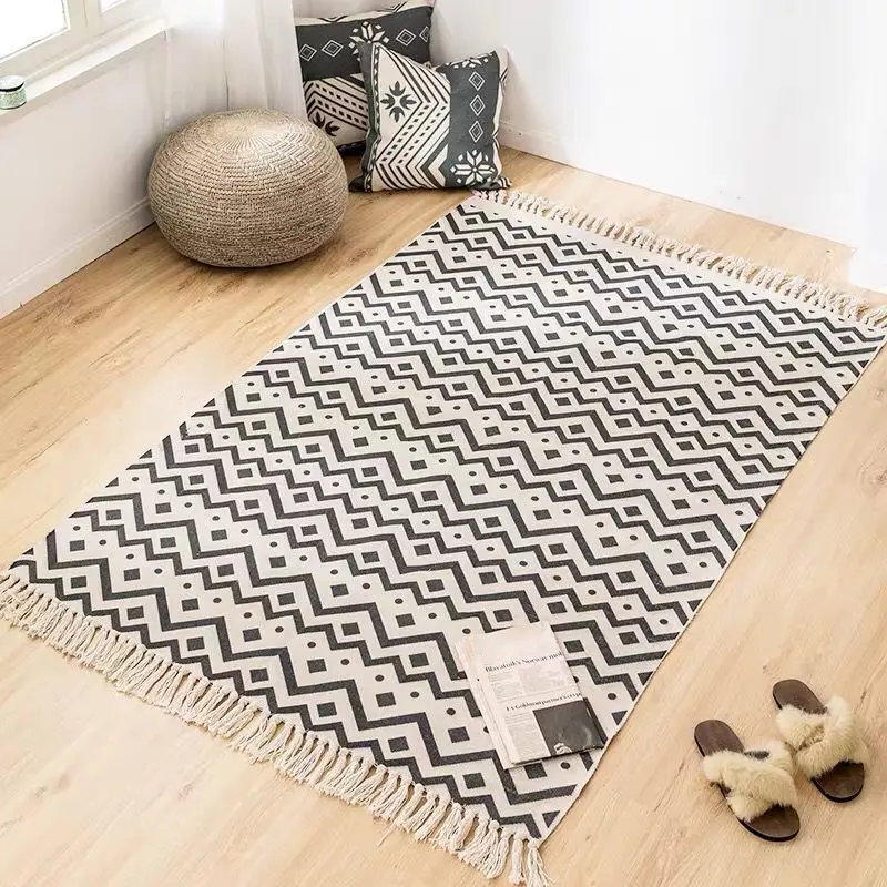 

luxury Large rectangle Home Boho style decor Cotton linen Thicken geometry handmade carpet Tatami door floor MAT Living Room rug