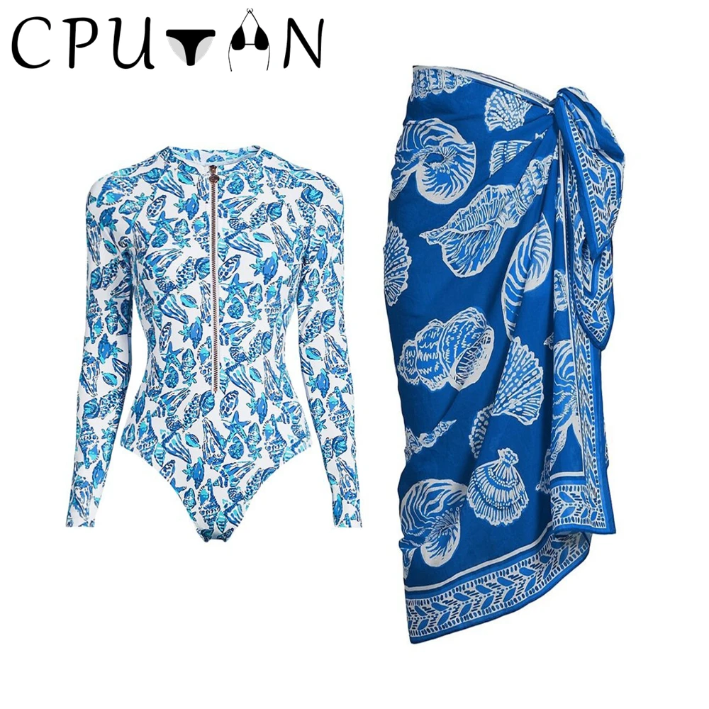 CPUTAN Push Up One Piece Swimsuits With Cover Up Long Sleeve Swimwear Women Swim Suit Bath Suits Bodysuit Surfing Blue Beachwear