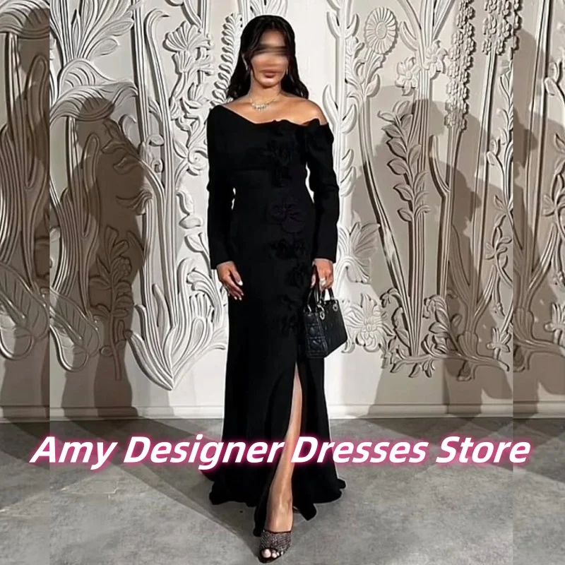 

High Quality Black Satin Evening Dresses For Arab Women Elegant Mermaid Dinner Dress With High Split Handmade Flowers Customized