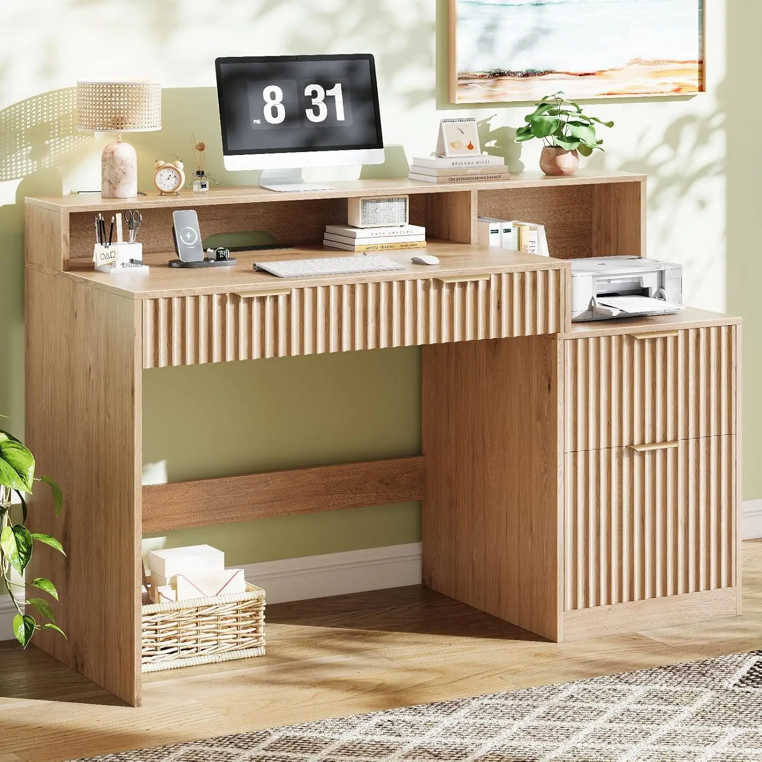Fluted Computer Desk with Power Outlets & Drawers, Printer Stand & Long Monitor Stand, Oak Wood Home Office Desk, Customized