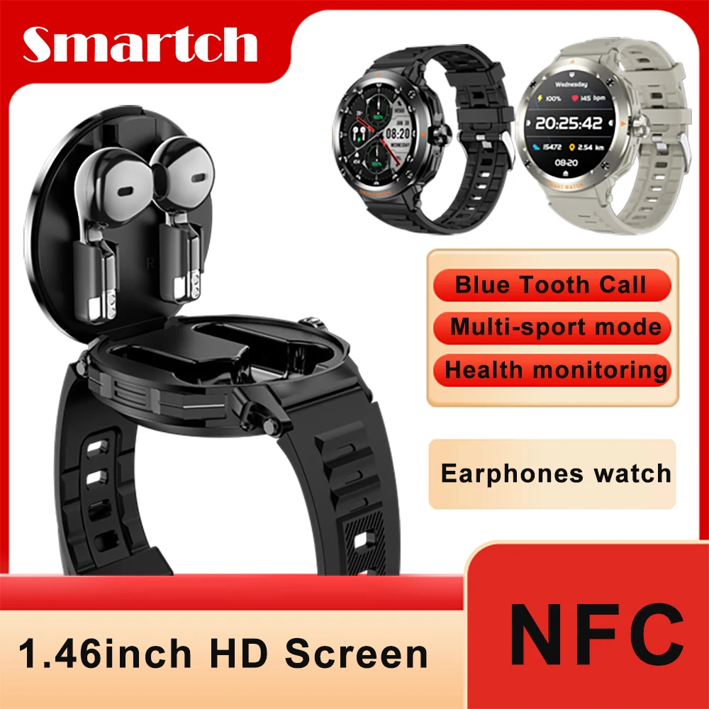

1,46-дюймовый экран 2 в 1, гарнитура, умные часы, синий зуб, звонок, пульс, здоровье, музыка, часы для наушников, спортивные умные часы NFC, погода
