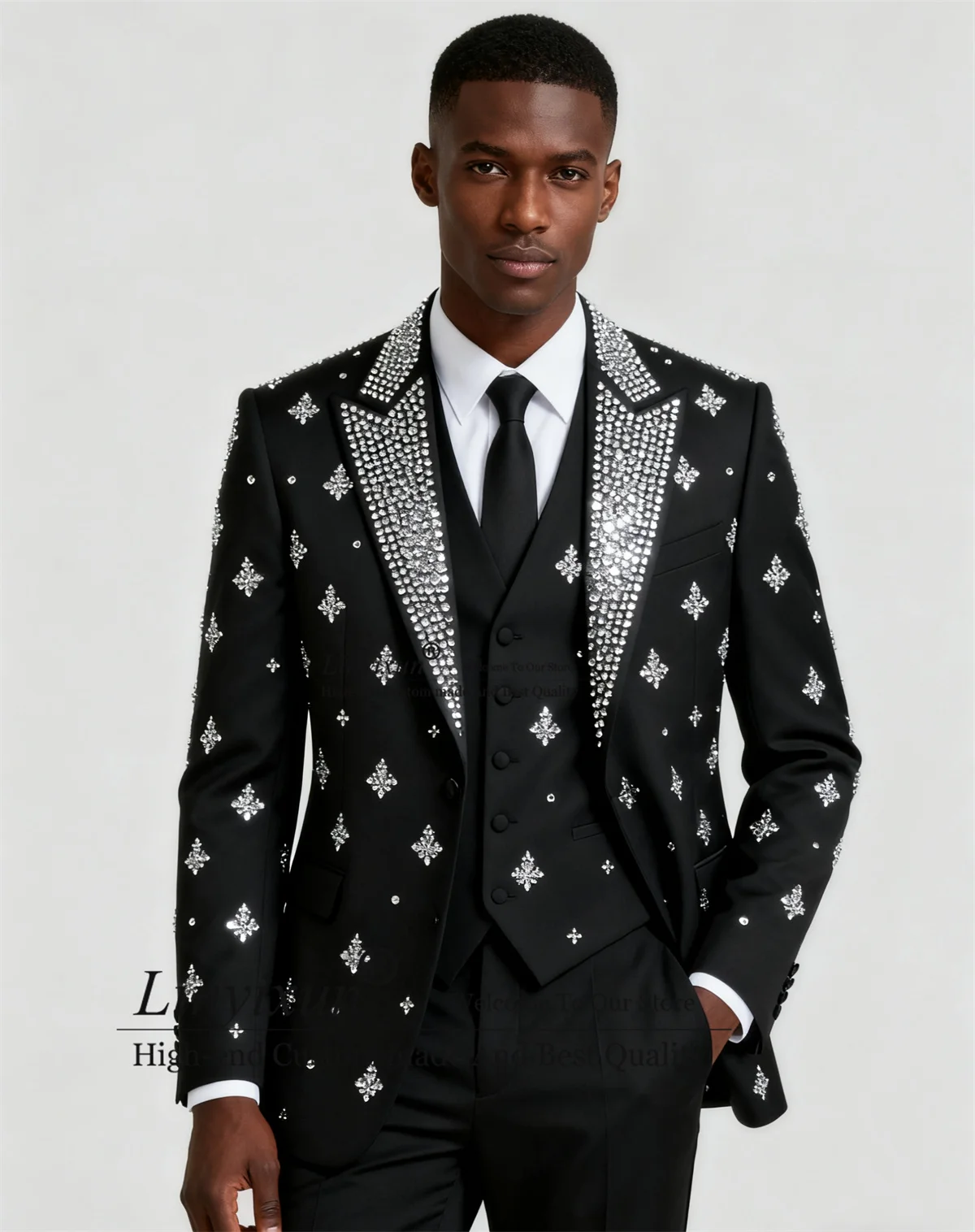 

Sparkly Jewelry Ornament Men Suits Glitter Lapel 3 Pieces Sets Party Tuxedos Wedding Groom Male Blazer Customized Ropa Hombre