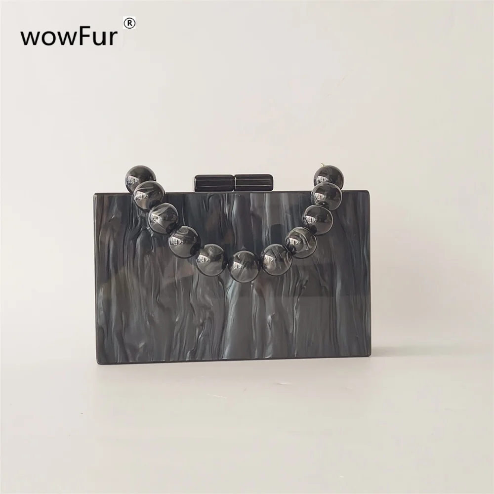 Marble Black Pearl Acrylic Box Clutches Beaded Handle Handmade Wedding Party Women Dinner Handbag Underarm Bag Lady Mini Purse