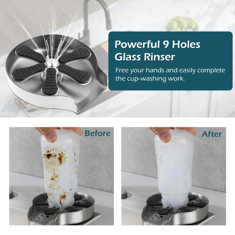 G3/8 Стеклянная промывочная машина из нержавеющей стали, Автоматический очиститель чашек, Ополаскиватель для стекла для кухонной мойки Очиститель чашек для стекла, пива, кофе, молока, чая
