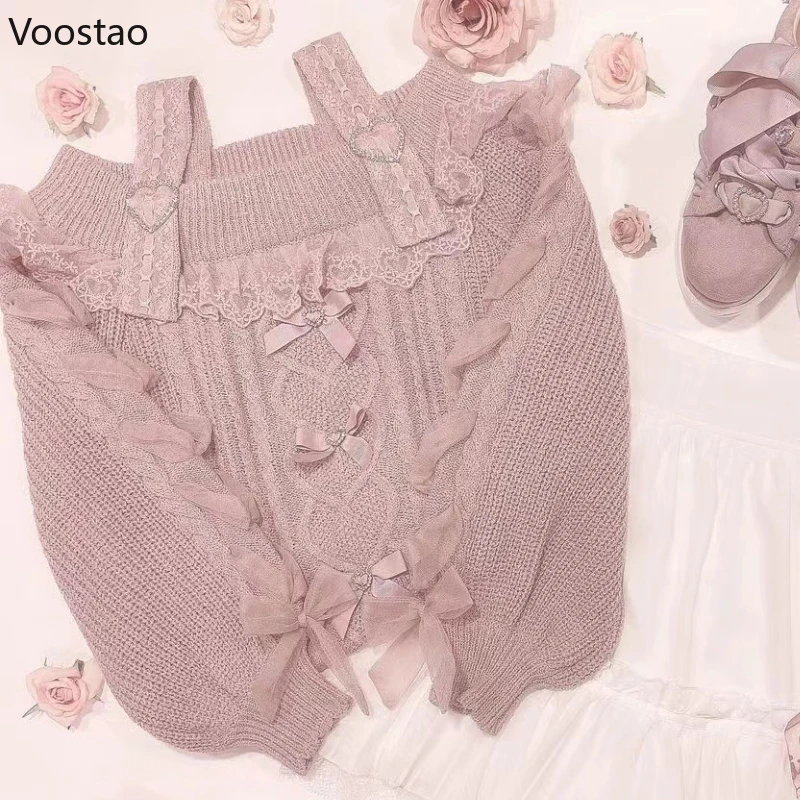 Japanese Cute Lolita Style Knitted Pullover Autumn Women Sweet Hearts Buckle Off Shoulder Lace Bow Sweater Girls Vintage Tops