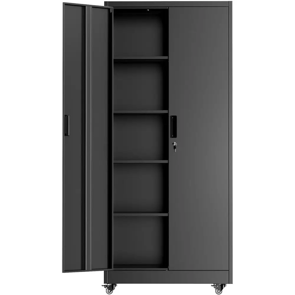 

73 High Metal Storage Cabinet with Wheels, Lockable Doors, Adjustable Shelves - Black Rolling Steel Cabinet for Home, Office, Ga