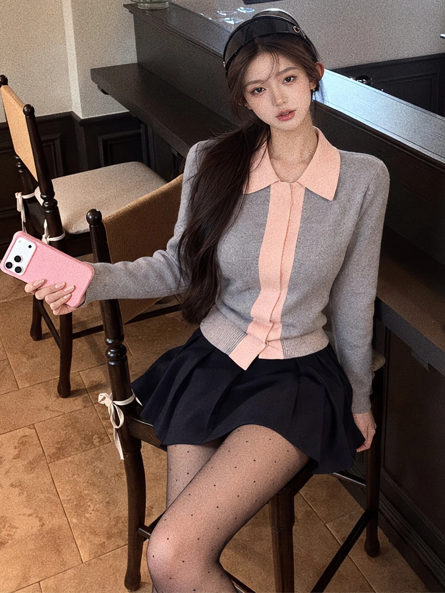 Autumn Winter New Style Girl's Color Block Long Sleeve Knitted Slim Fit Open Cardigan Top Wool Plaid Skirt Elegant Two Piece Set