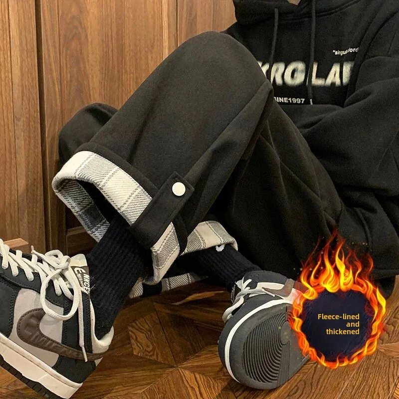 

Мужские шерстяные повседневные брюки свободного кроя с широкими штанинами, осенне-зимние, на флисовой подкладке, прямые, удобные, в стиле кэжуал, с узором «Лоза»