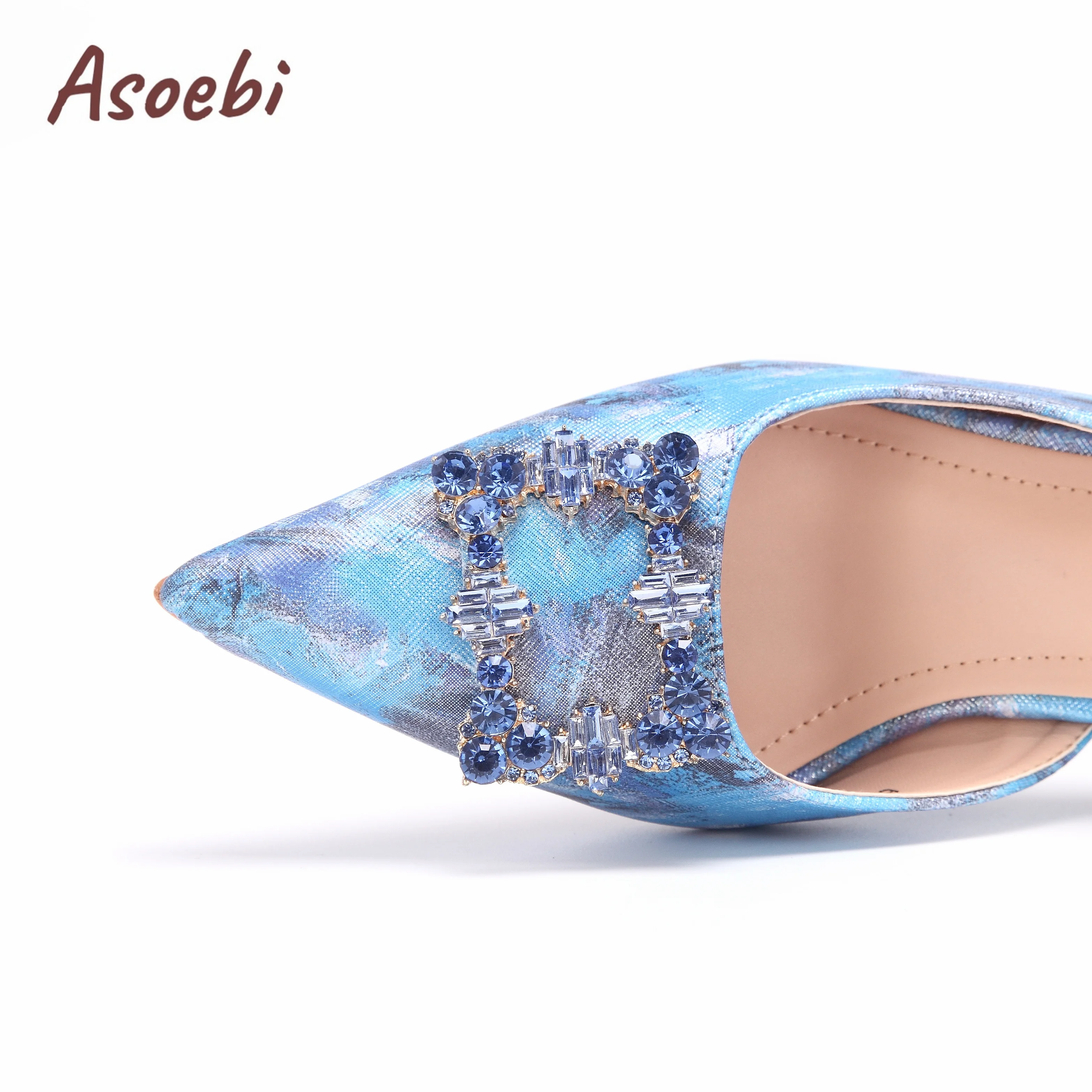 Zapatos de tacón cómodos para mujer, conjunto de bolso a juego para fiesta, diseño de pintura de Punta puntiaguda azul cielo