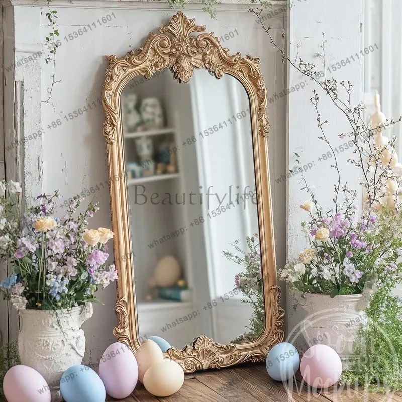 Household antique antique white floor mirror hand-carved retro gold European full-length mirror
