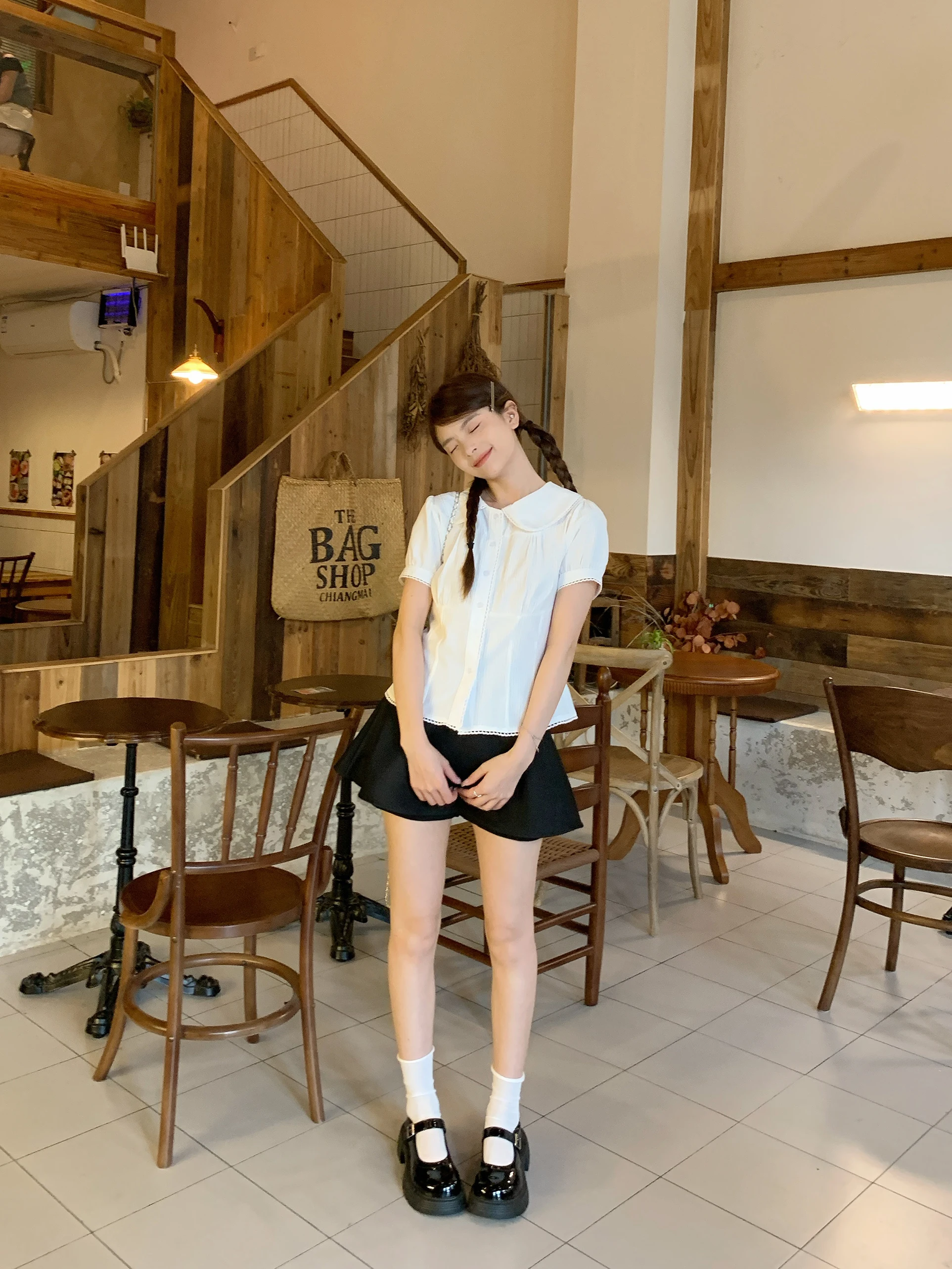 FAN Pop Kraag ort Sve Dames Bubble Sve irt Taille Cinched Wit irt Jennie Zomer Top Koreaanse Sle Pendelen Katoen