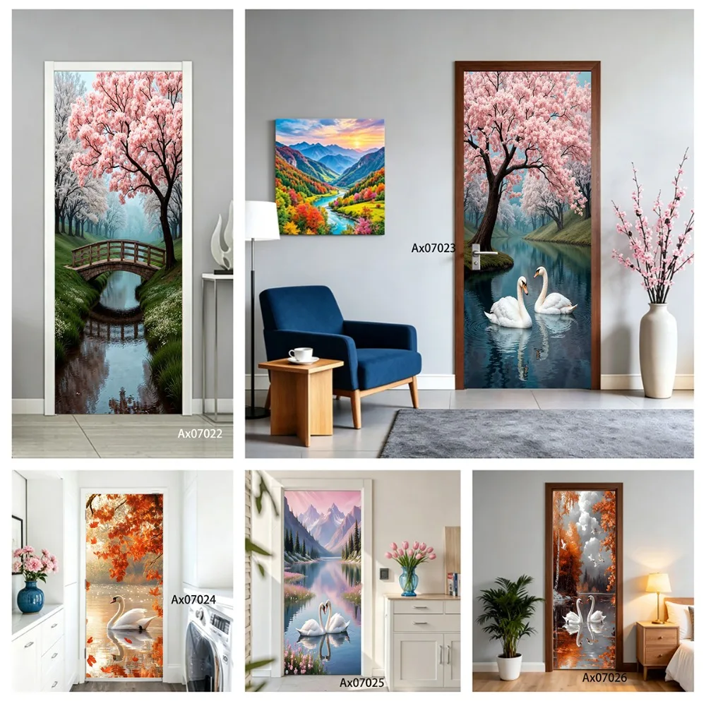 Romantic Pastoral Swan Stream Oil Painting Doors Sticker Full Door Wrap Wallpaper Customize Home Decoration Poster Stickers