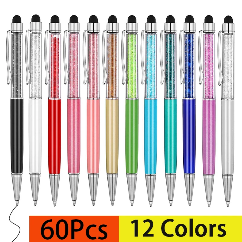 

60pcs Crystal Ballpoint Pen Stylus Touch Pen 12 Colors Writing Stationery Office School Supplies