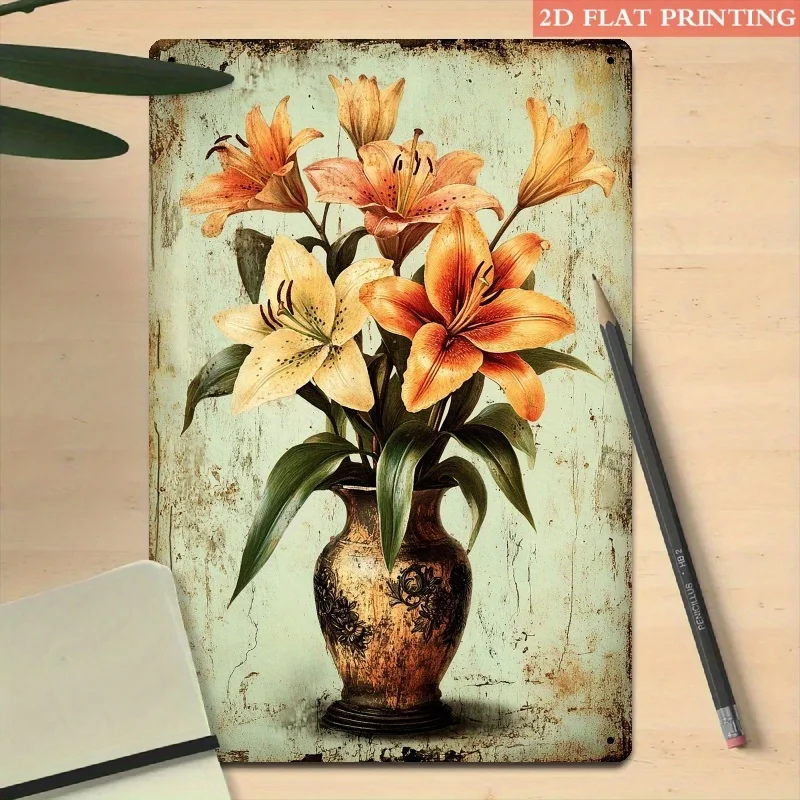 Vintage-Lilienblumen-Metallschild aus Eisen, 20,3 x 30,5 cm, Retro-Wanddekoration, Blechschild für Schlafzimmer und Wohnzimmer