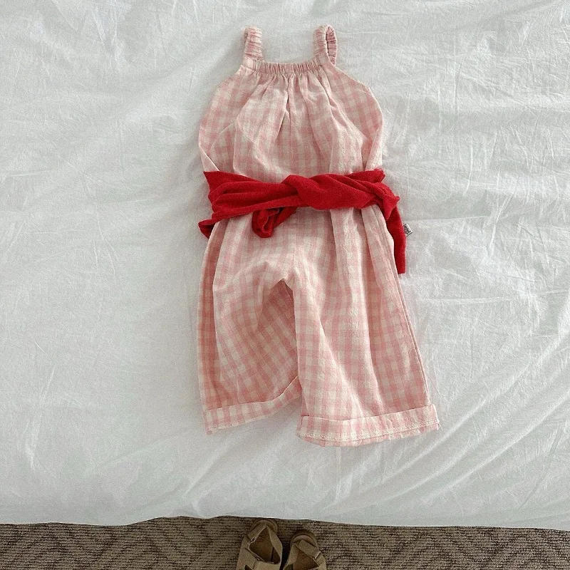 2026 Summer New Girls Loose Plaid Overalls Cotton Children Soft Plaid Jumpsuit Infant Casual Sling Trousers Toddler Clothes