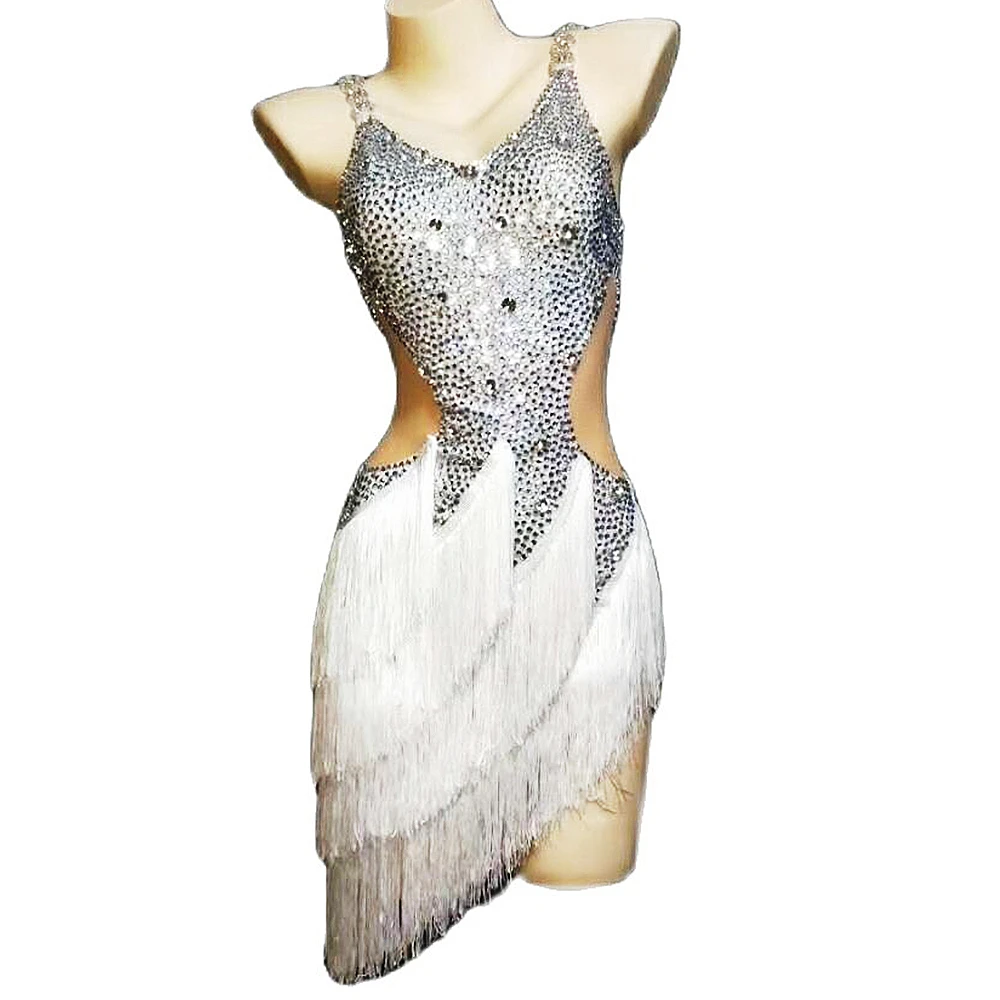 

Spaghetti Strap Shining Women Rhinestones Sexy Feathers Dress Latin Jazz Ballroom Stage Costume Party Nightclub Bar Cloth