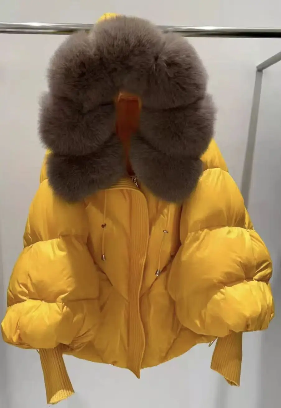 

White Duck Down Solid Outwear Winter Hooded Real Fur Collar Down Jacket Female Warm Quilted Lantern Sleeve Jacket Women