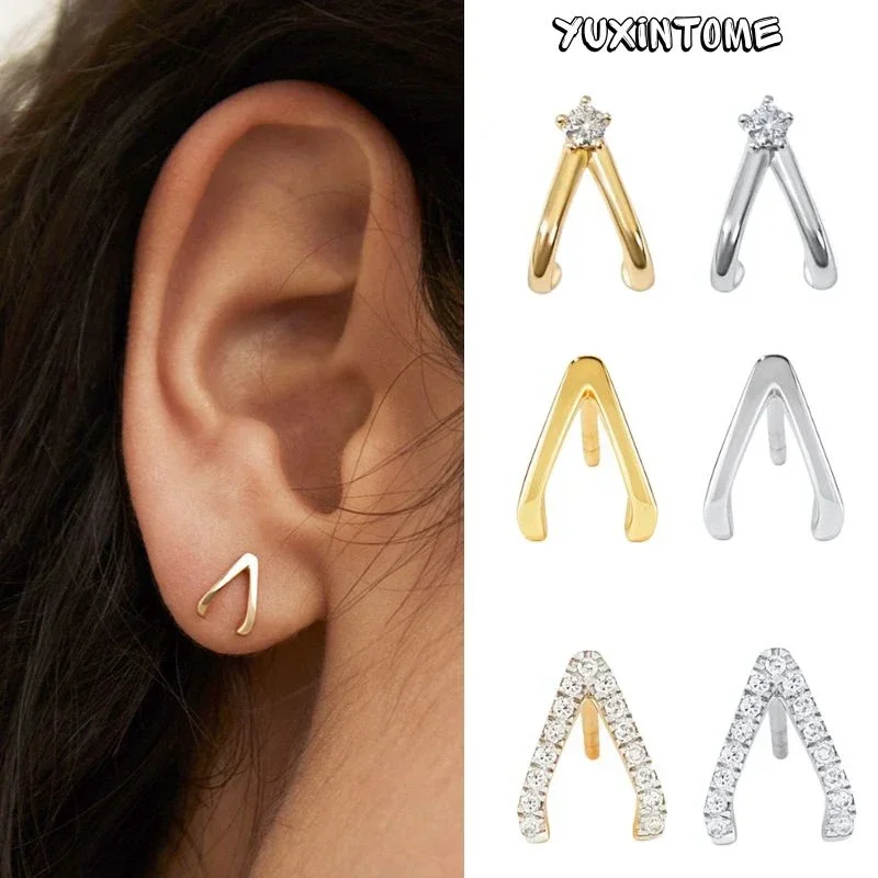 

925 Sterling Silver Needle Minimalist Metal V-Shape Stud Earrings for Women Geometric Piercing Crystal Earrings Wedding Jewelry