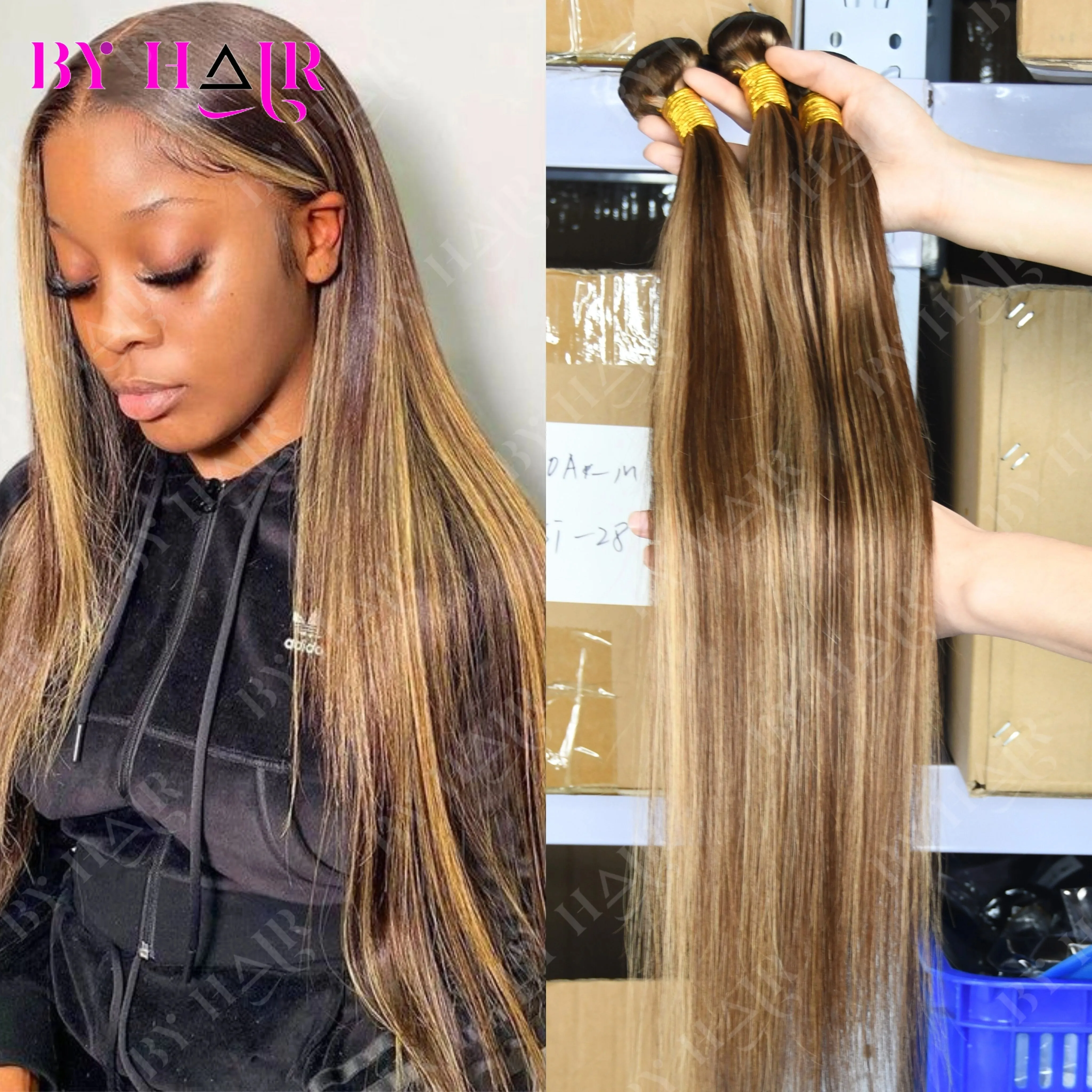 Highlight Bundles Straight Human Hair Bundles For Women Brown Blonde Hair Bundles Colored Hair Weave Bundles Extensions P4-27