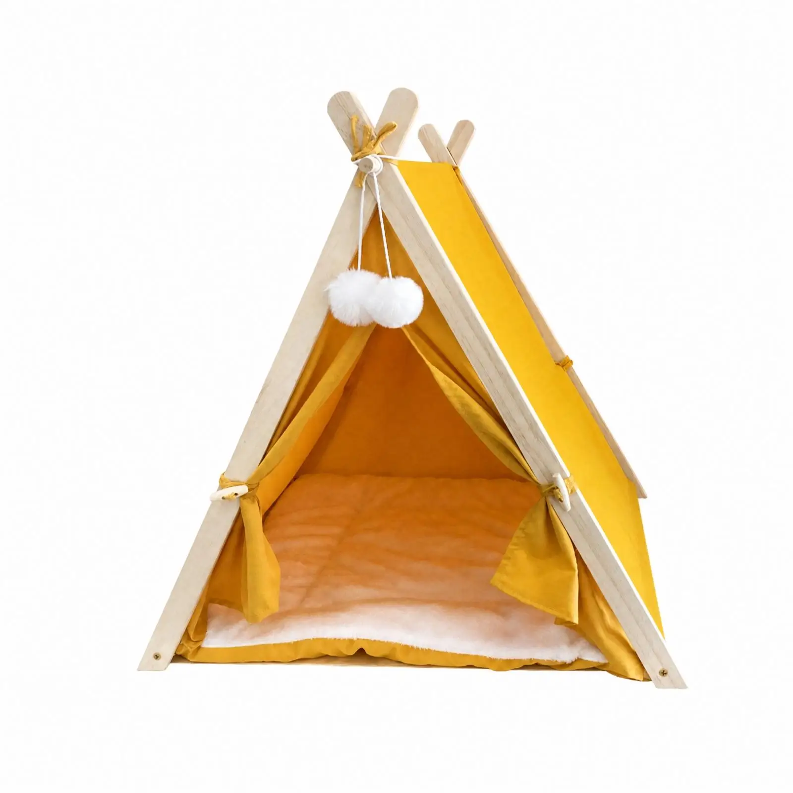 Tent-Style Pet Bed with Wood Frame Spacious Cat Tent Bed with Hanging Toy Sturdy Soft for Cats, Quiet Relaxation, Winter Naps