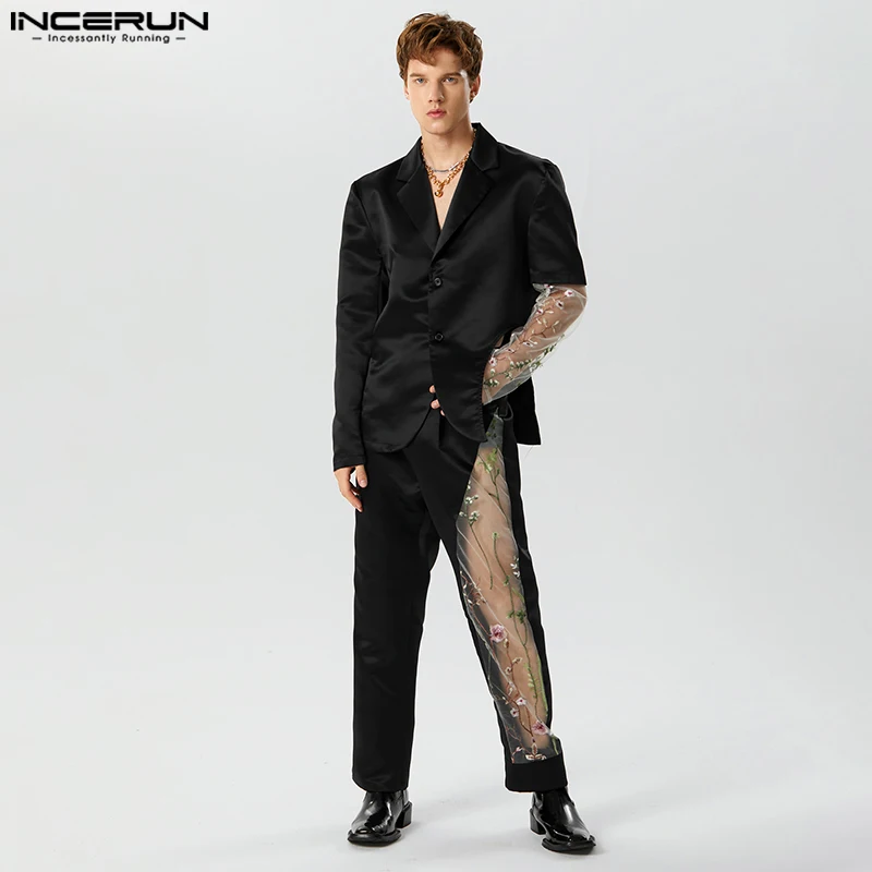 INCERUN 2023 American Style Fashion Men\'s Sets Long Sleeved Suit Jacket Pants Patchwork Lace Flower Hollow Two-piece Sets S-5XL