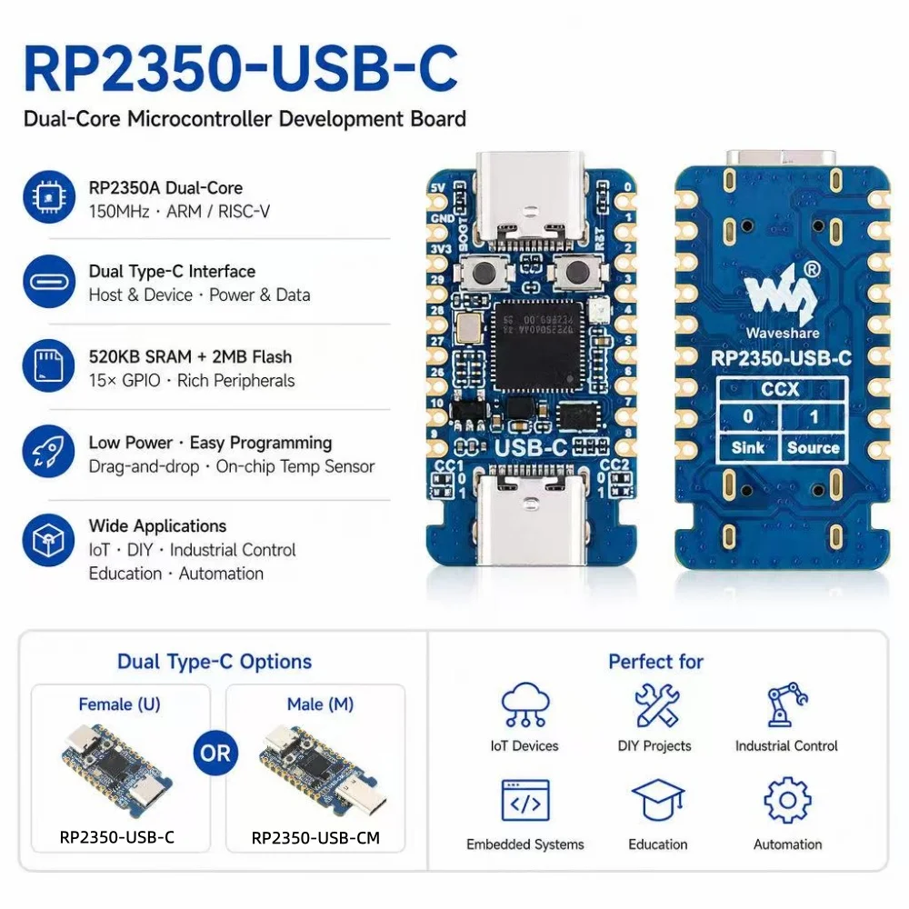 RP2350-USB-C Mini Development Board, Raspberry Pi RP2350A Dual-Core Microcontroller Development Board, Dual Type-C Ports