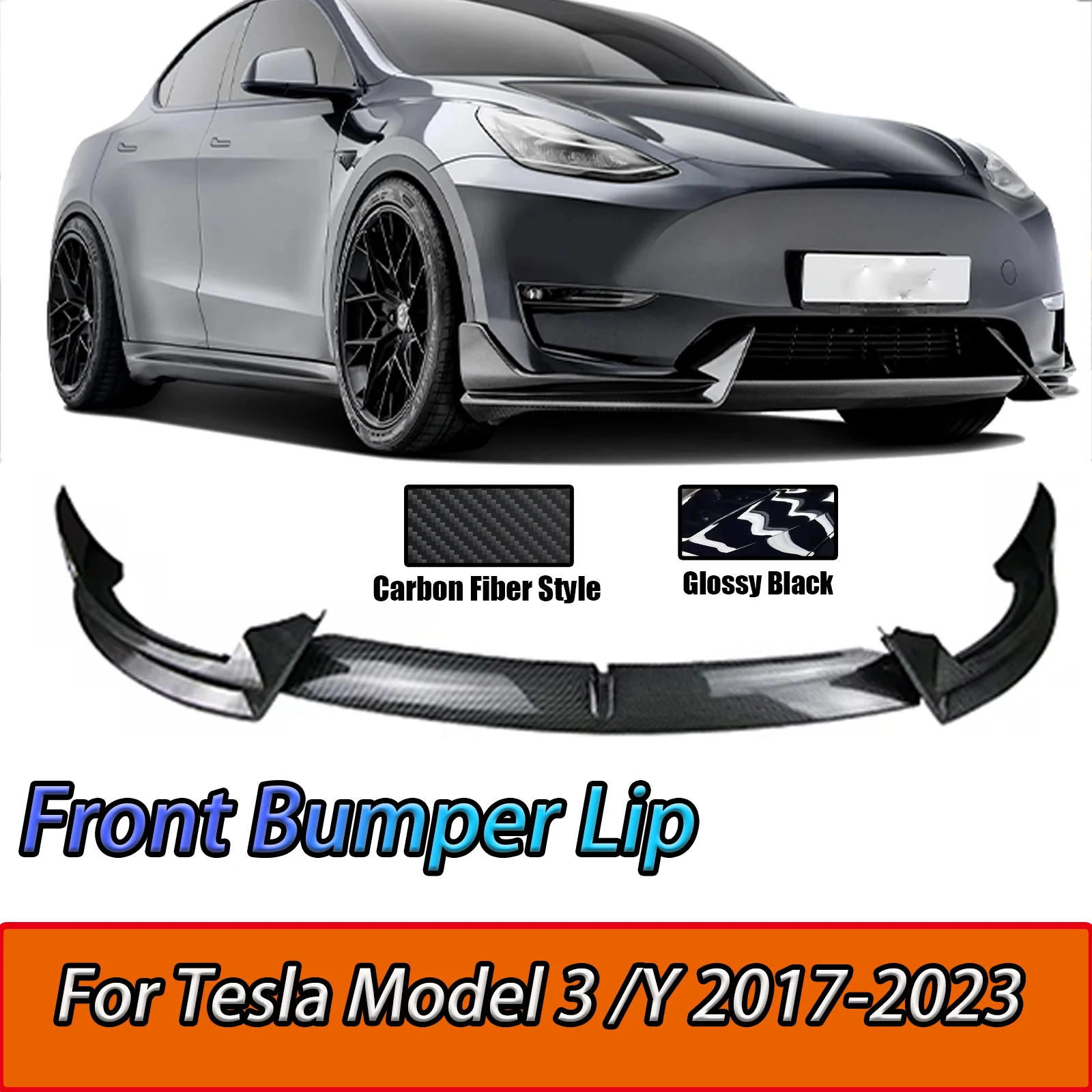 

For Tesla Model 3 2017 2018 2019 2020 - 2023 Model Y 2021-2023 Body Kit Front Bumper Lip ABS Carbon Fiber Style Glossy Black