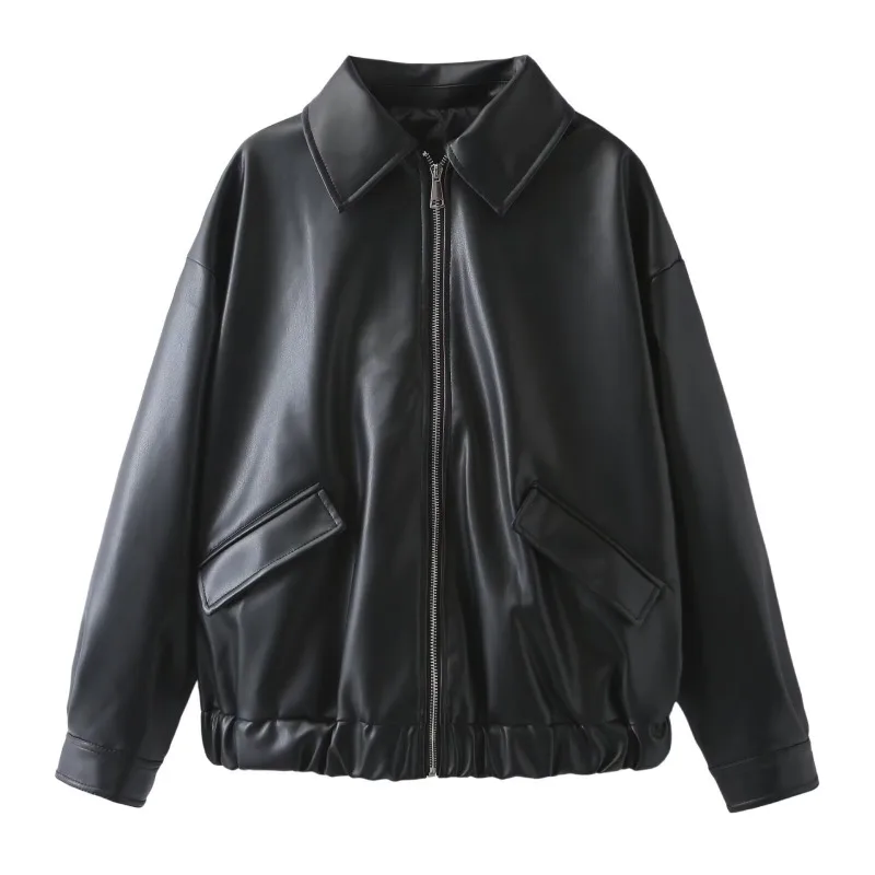 

Women's Autumn Winter PU Leather Jacket Black New Fashion Turn-down Collar Slanted Pockets Leather Jacket Coat Comfortable Warm