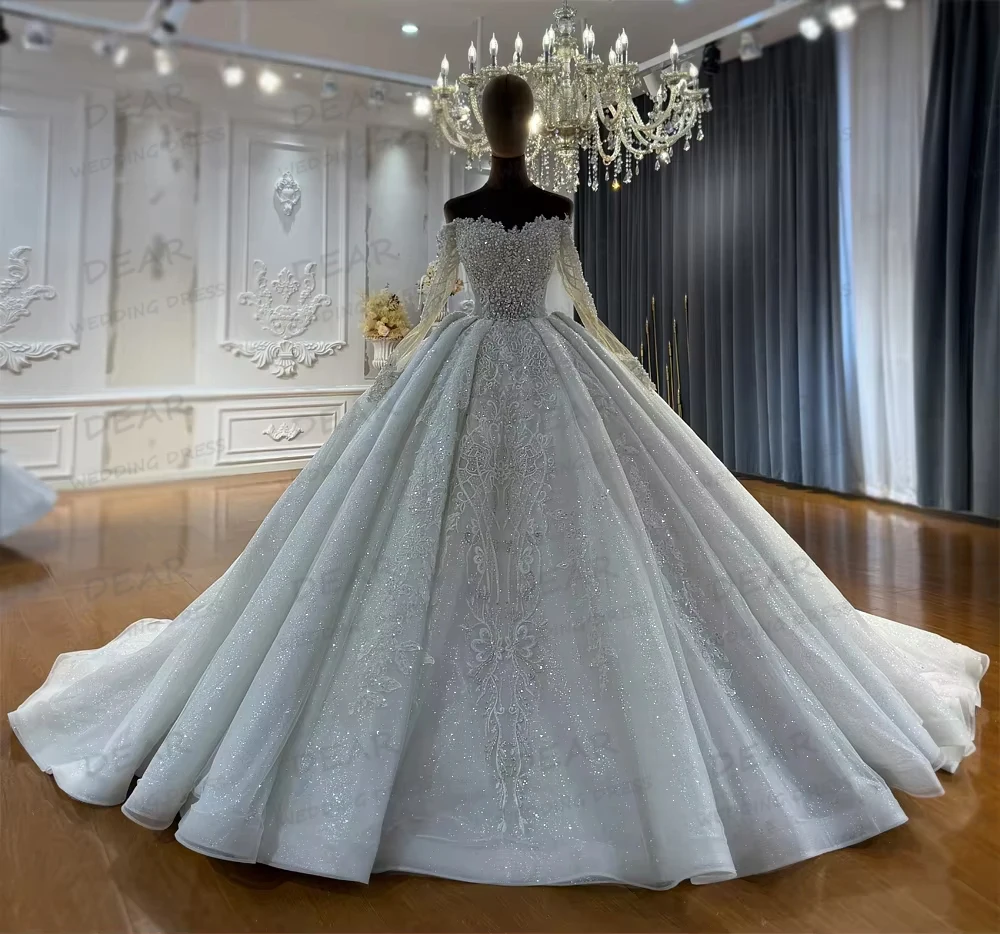 Simple Fluffy Wedding Dresses Customized Women's A Line Sequin Shiny Bridal Ball Gowns Sexy Long Sleeve Vestidos De Novia Party