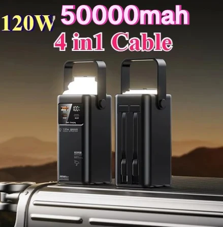 120W Fast Charging Power Bank 50000mAh 4 in1 Cable for IPhone Huawei Samsung Outdoor Camping Portable with Flashlight 2026