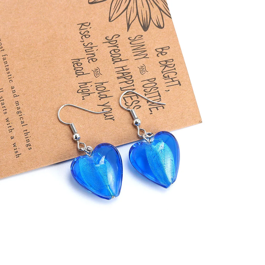 Qianbei Color Hand-made Murano Glass Gold Sand Women\'s Romatic Silver Plated Classic Dangle Heart Earrings