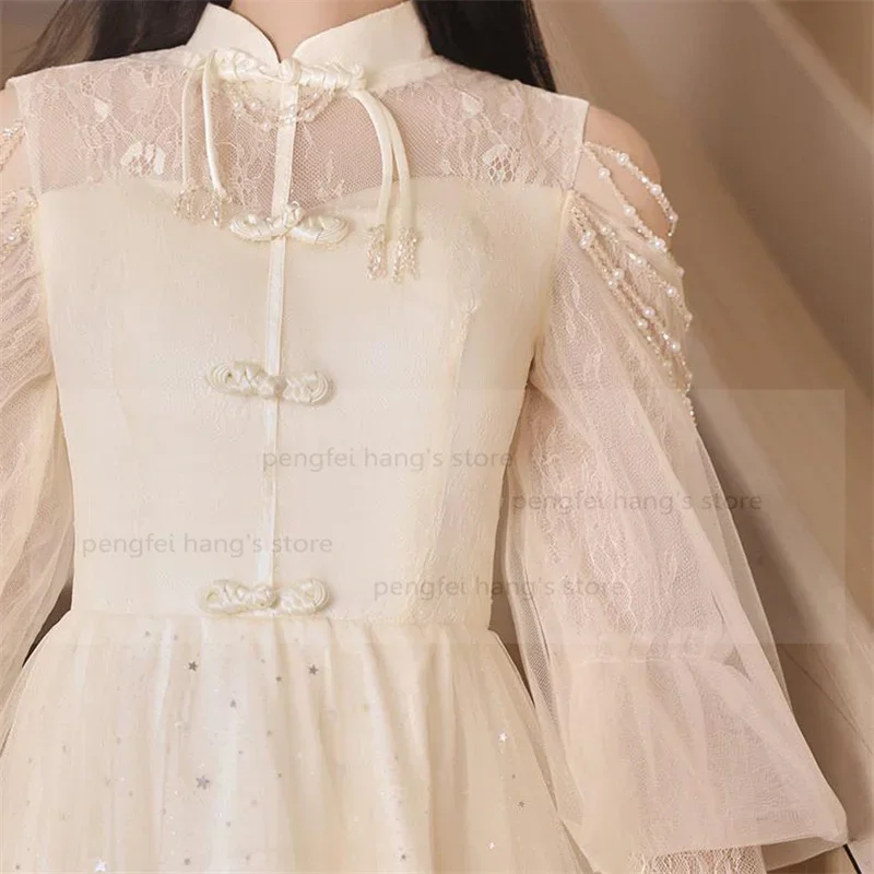 

Long Sleeve Bridesmaid Ream Qipao Chinese Style Dress Sexy Mesh Sleeve Cheongsam Autumn and Spring New Wedding Dress Vestidos