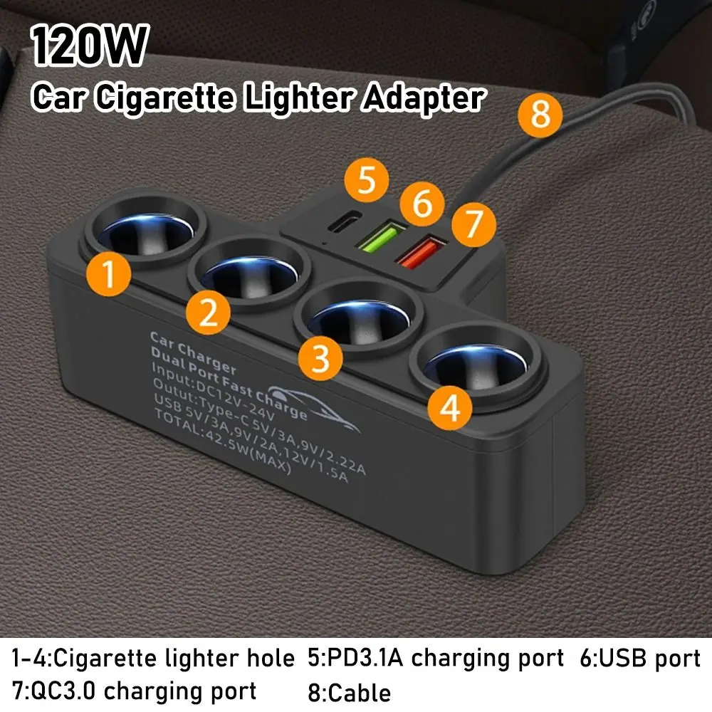 High Quality 12V/24V Car Cigarette Lighter Adapter 4-Socket 120W Car Charger Adapter USB Charger Adapter Port Socket Splitte Car