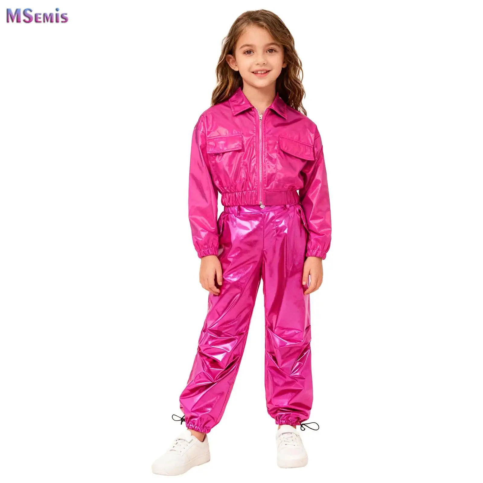 

Kids Boys Girls Fashion Streetwear Long Sleeve Turn-Down Collar Metallic Jacket Coat Outwear+Pants Sets Hip-Hop Dance Costumes