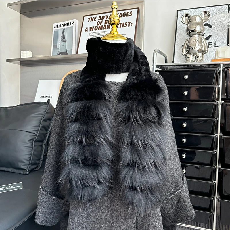 Neuer Schal aus echtem Rex-Kaninchenfell für Damen, Winter-Outdoor-Wärmeisolierung, 100% echter Fuchsfell-Schal, modische dicke Rex-Kaninchenfell-Schals für Mädchen. – Detail 5