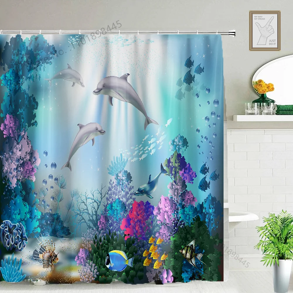 Funny Blue Ocean Whale Coral Shower Curtains Bathroom Curtain With Hooks Decor Waterproof Bath 180*180cm Fish Shower Curtain