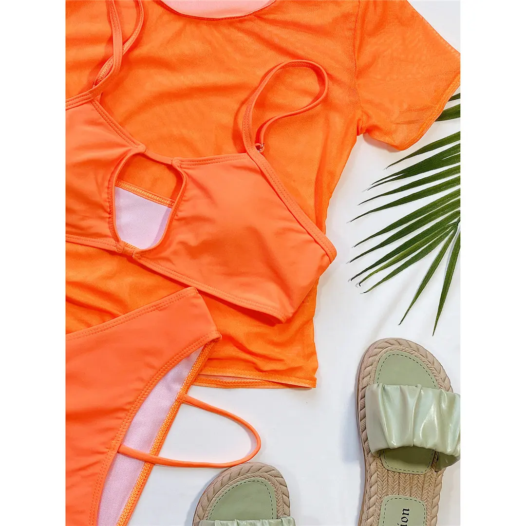 Damen-Badeanzug, hochtaillierter Bikini, Damen-Bademode, dreiteiliges Bikini-Set, kurzärmelige Überwürfe, Badeanzug, Badebekleidung, Schwimmanzug V2988 – Detail 11
