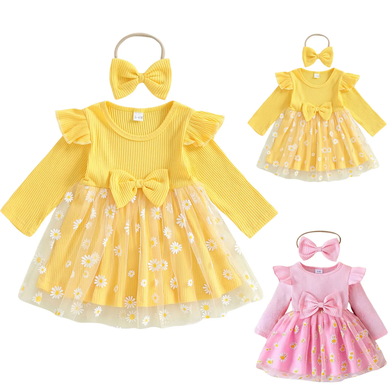 

Girls Spring Autumn Dress Ruffled Long Sleeve Sweet Daisy Printed Tulle Dress And Bow Headband Two Piece Set Girls Dresses