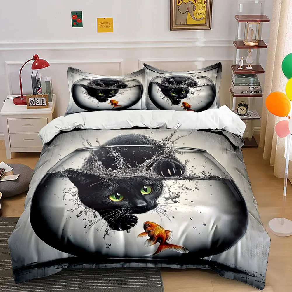Black cat catching fish water splashes Print Bedding Set 1 Duvet Cover 2 Pillowcases for Adult Children Luxury Gift Full Size