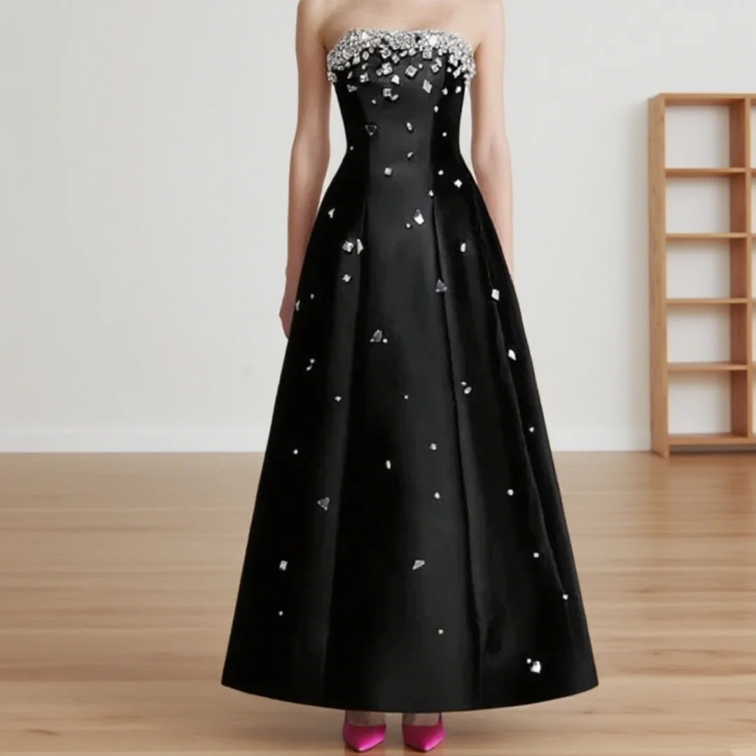 

Elegant Luxurious Black Silk Beaded Evening Gown for Women Strapless A-Line Formal Wedding Dress Birthdays Prom Gowns Customized