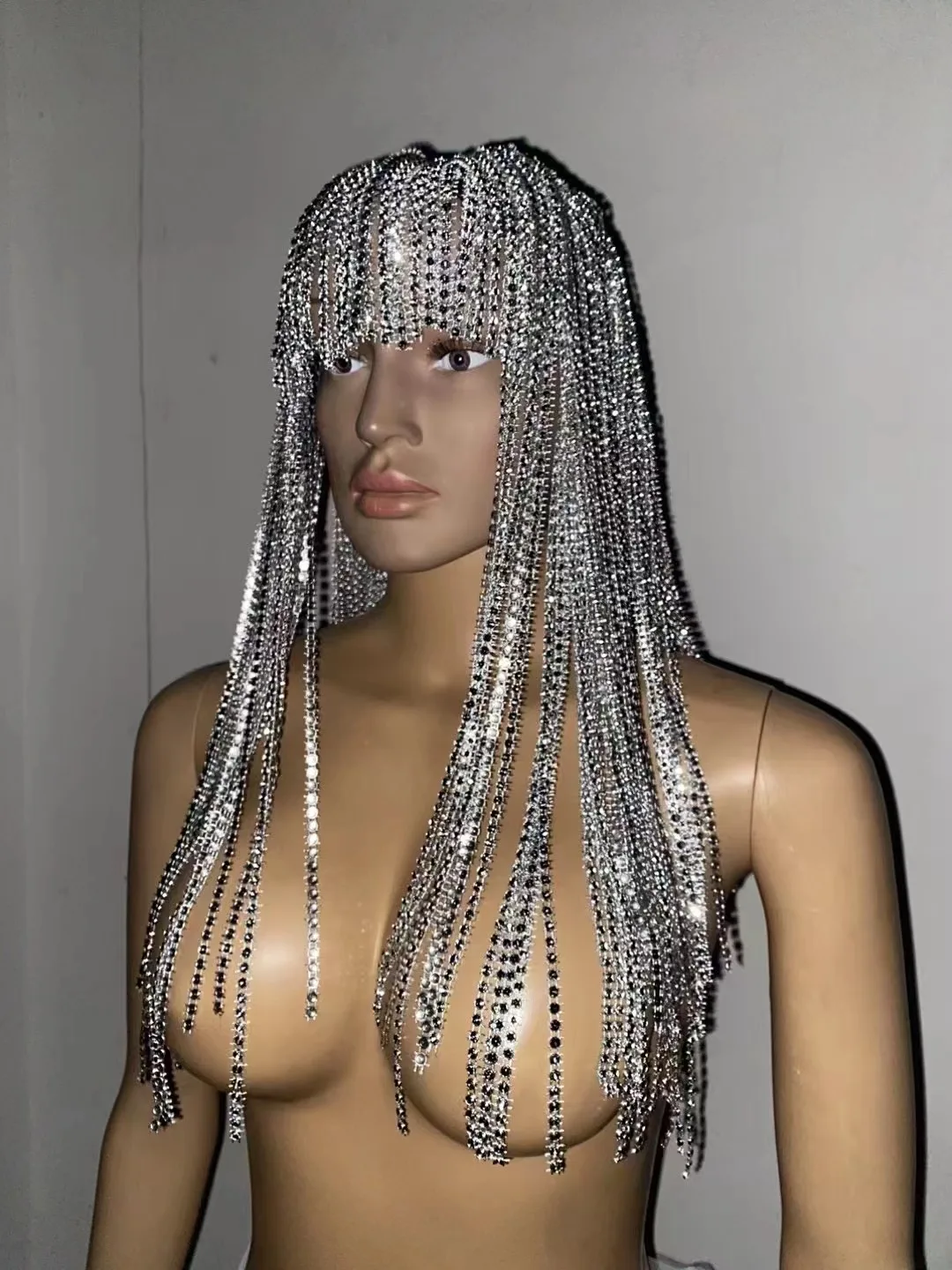 Designer Silver Tassel Fake Rhinestone Wig Women Birthday Party Fringes Headwear Club Stage Dancer Singer Accessories