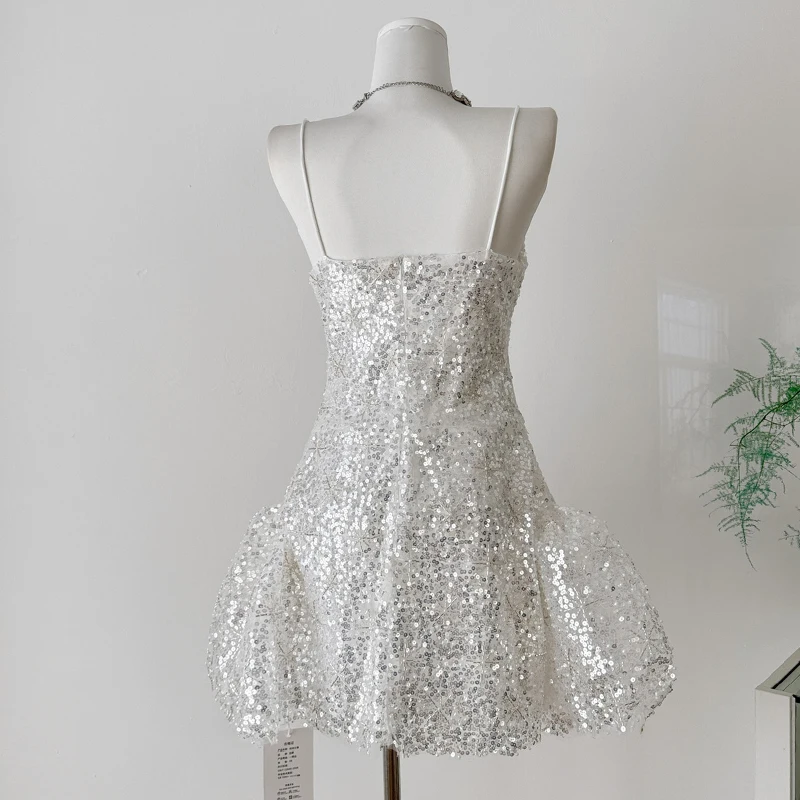 スパンコールパーティードレスショート高級スパゲッティストラップジップアップボールガウンエレガントな妖精韓国ファッション女性服セレモニードレス