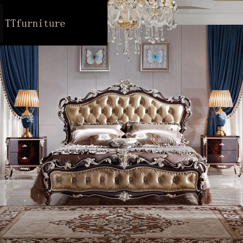 

modern european Italian solid wood genuine leather bed Fashion Carved luxurious french bedroom set furniture king size jxj72