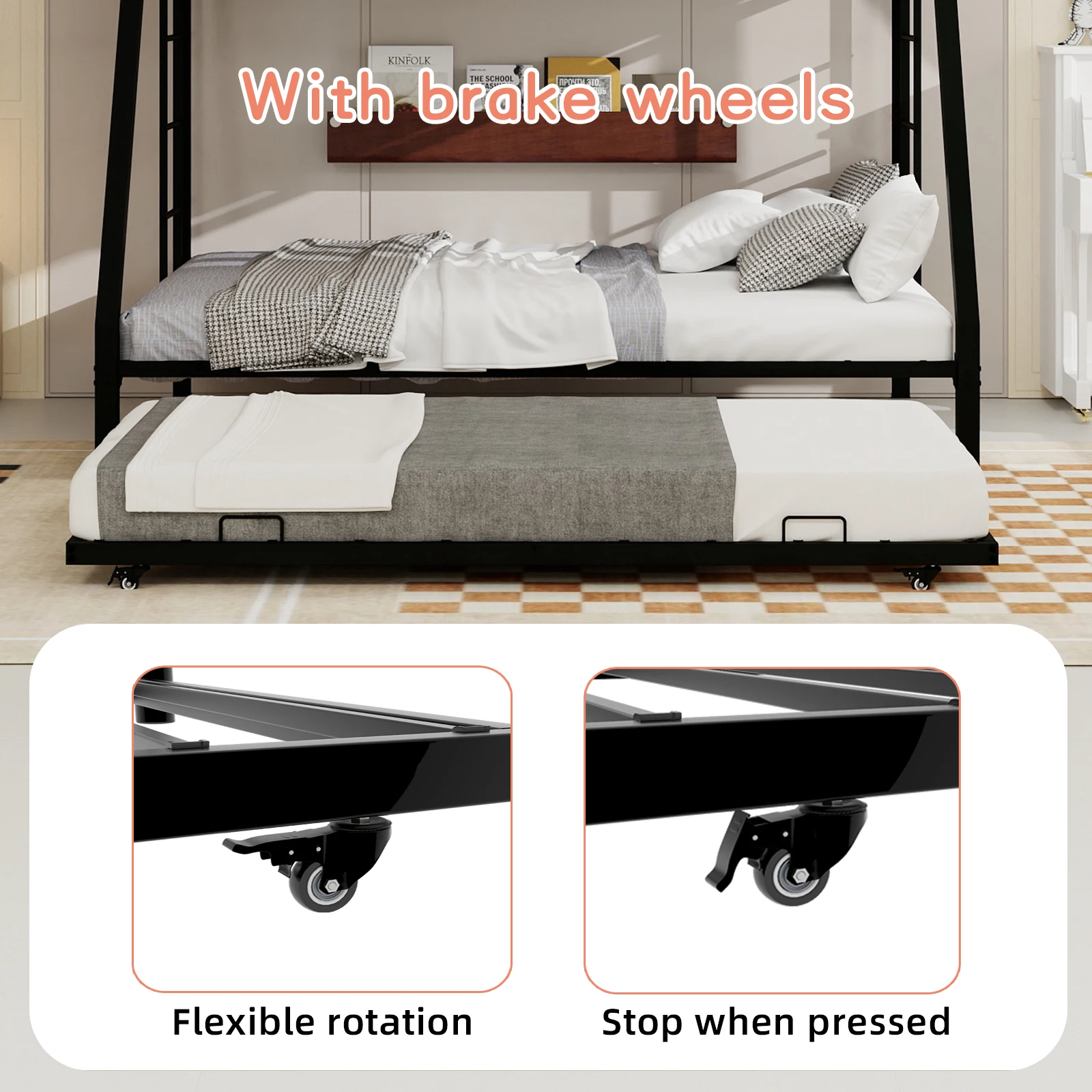 Heavy Duty Metal Twin XL Over Queen Bunk Bed with Trundle, Space Saving Triple Bunkbed Frame with Guardrails & Ladder, 400 LBS Capacity, Black view 8