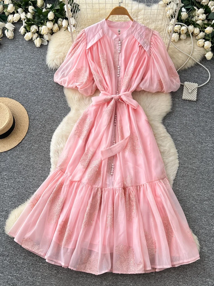 

Romantic Embroidered Sequin Bubble Sleeve Dress Women's Summer Waist Cinched Slimming A-Line Elegant Long Dress