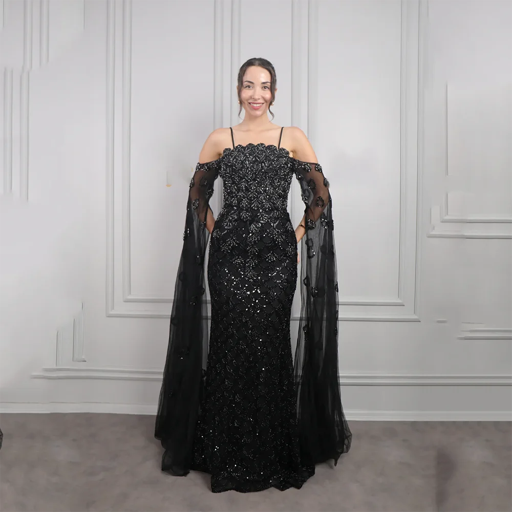 

Luxury Black Evening Dresses Long Sleeves Bead Crystal Mermaid Evening Gowns Floor Length Prom Dresses Customized 2025