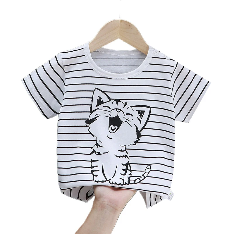 Cat Printing T-shirt Babies Girls O-neck Bottoming Shirt Fashion Simple Cute Short Sleeve Tops Child Cartoon Clothes