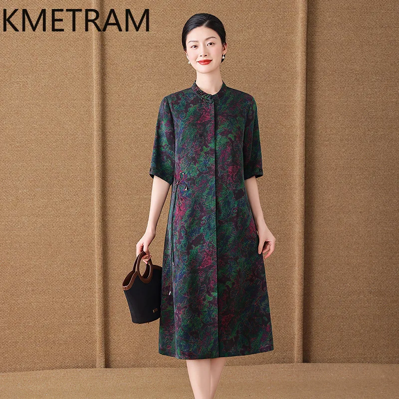 KMETRAM 100% Mulberry Silk Dress for Women 2026 Summer Middle-aged Tassel Half-sleeve Printed Mid-length Shirt Dress Ropa Mujer